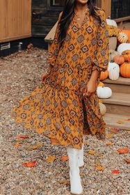 Orange Geometric Print Tiered Frilled Loose Fit Midi Dress (size: (US 8-10)M)