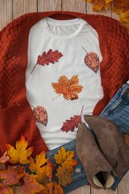 White Halloween Sequined Leaves Graphic Crew Neck T Shirt (size: (US24-26)3XL)