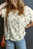 Beige Ditsy Floral Print Fringe Trim Crinkled Top