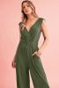 Jungle Green Deep V Pocketed Pleated Wide Leg Jumpsuit