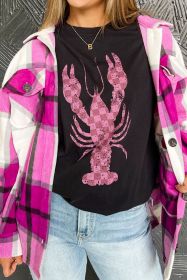 Black Checkered Crayfish Graphic Crew Neck T Shirt (size: (US 12-14)L)
