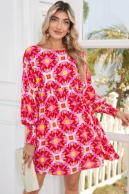 Strawberry Pink Geometric Print Smocked Cuffs Pleated Mini Dress (size: (US 8-10)M)
