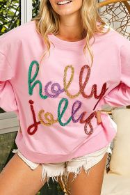 Pink Holly Jelly Round Neck Casual Pullover Sweatshirt (size: (US 8-10)M)