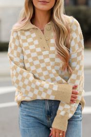 Apricot Checkered Buttons Collar V Neck Drop Shoulder Sweater (size: (US 8-10)M)