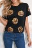 Black Halloween Sequin Pumpkin Face Graphic T Shirt