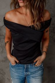 Black Slim Fit Crisscross Front Ribbed Off Shoulder Top (size: (US 12-14)L)