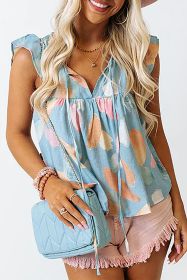 Light Blue Abstract Print Ruffle Sleeveless Blouse (size: (US 8-10)M)