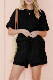 Black Frill Textured Tee and Drawstring Shorts Set (size: (US 8-10)M)
