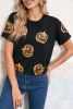 Black Halloween Sequin Pumpkin Face Graphic T Shirt