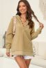 Simply Taupe Solid Ribbed Knit Buttoned Drop Shoulder Oversized Hoodie