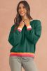 Blackish Green Striped Trim Drop Shoulder Sweater