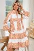 Orange Boho Geometric V-Neck Frill Tiered Mini Dress