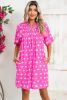 Bright Pink Spotted Print Puff Sleeve Smocked Mini Dress
