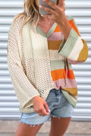 Beige Oversized Colorblock V Neck Hooded Sweater (size: 1-2-2-2)