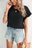 Black Solid Textured Frill Cuffs Short Sleeve Blouse
