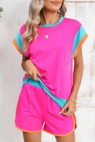 Rose Red Color Block Loose Fit Top and Elastic Waist Shorts Set (size: (US 12-14)L)