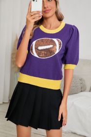 Purple Sequin Rugby Color Block Puff Sleeve Knit Top (size: (US 8-10)M)