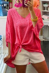 Rosy Leopard Print Oversized Casual Half Sleeve V Neck Top (size: (US 18-20)2XL)