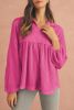 Bright Pink Corded Turn-down Collar Bubble Sleeve Babydoll Top
