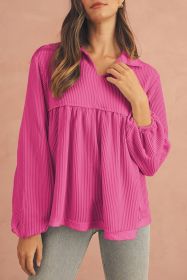 Bright Pink Corded Turn-down Collar Bubble Sleeve Babydoll Top (size: (US 12-14)L)