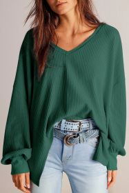 Blackish Green Waffle V Neck Drop Shoulder Loose Top (size: (US 12-14)L)