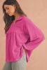Bright Pink Corded Turn-down Collar Bubble Sleeve Babydoll Top