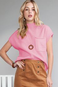 Pink Patch Pocket Ribbed Knit Short Sleeve Sweater (size: (US 12-14)L)
