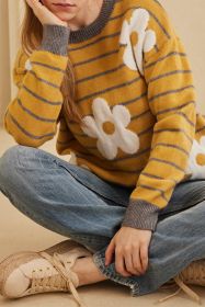 Yellow Striped Daisy Flower Long Sleeve Sweater (size: (US 8-10)M)