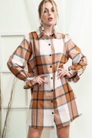 Khaki Plaid Pattern Collared Neck Ruffled Sleeve Shirt Dress (size: (US 8-10)M)