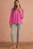 Bright Pink Corded Turn-down Collar Bubble Sleeve Babydoll Top