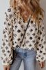 White Flower Print Split Neck Bubble Sleeve Loose Blouse
