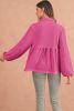 Bright Pink Corded Turn-down Collar Bubble Sleeve Babydoll Top