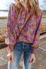 Purple Floral Print Smocked Cuffs Frill Neck Blouse