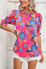 Rose Frill Neck Puff Sleeve Boho Floral Blouse (size: (US 12-14)L)