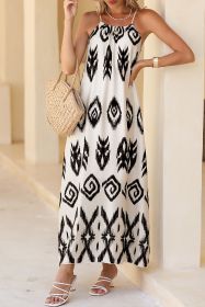 Black Geometric Printed Spaghetti Strap Vacation Sundress (size: (US 8-10)M)