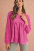 Bright Pink Corded Turn-down Collar Bubble Sleeve Babydoll Top