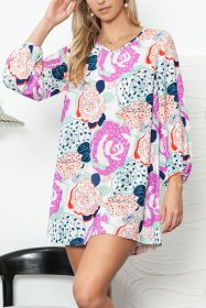 Multicolor Floral Print V Neck Bohemian Tunic Dress (size: (US 8-10)M)