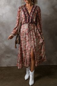 Brown Floral Print Frill V Neck Split Midi Dress (size: (US 8-10)M)