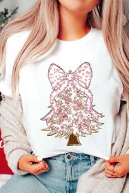 White Glittering Floral Bowknot Christmas Tree Printed T Shirt (size: (US24-26)3XL)