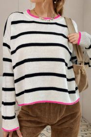 White Stripe Contrast Trim Drop Shoulder Sweater (size: (US 8-10)M)