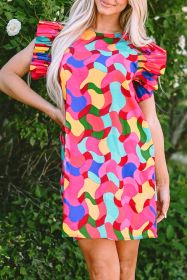 Rose Red Abstract Print Smocked Flutter Shoulder Mini Dress (size: (US 8-10)M)