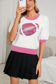 Pink Sequin Rugby Color Block Puff Sleeve Knit Top (size: (US 8-10)M)