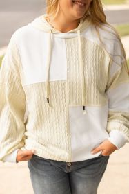 Beige Waffle Textured Patchwork Exposed Seam Plus Size Hoodie (size: (US 18W-20W)2X)