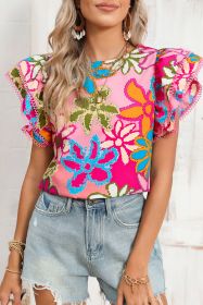 Multicolor Floral Print Boho Top Tiered Ruffle Sleeve Blouse (size: (US 12-14)L)