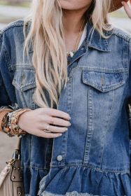 Peacock Blue Ruffle Frayed Hem Short Sleeve Plus Size Denim Jacket (size: (US 18W-20W)2X)