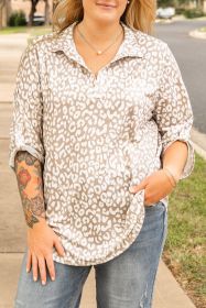 Apricot Leopard Tab Sleeve V Neck Plus Size Top (size: (US 18W-20W)2X)