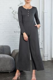 Dark Grey Henley Long Sleeve Wide Leg Jumpsuit with Pockets (size: (US 8-10)M)