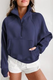 Navy Blue Zip Up Stand Collar Ribbed Thumbhole Sleeve Sweatshirt (size: (US 12-14)L)