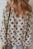 White Flower Print Split Neck Bubble Sleeve Loose Blouse