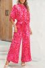 Rose Leopard Print Tulip Sleeve Belted Wide Leg Jumpsuit